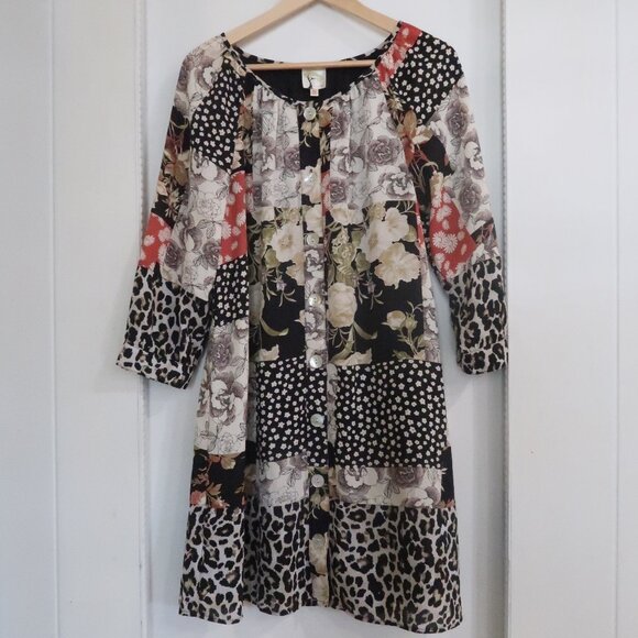 Fig & Flower Boho Patchwork Button Front Dress Medium Floral Animal Print - Picture 1 of 14